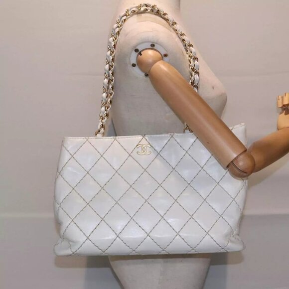 CHANEL Wild Stitch Chain Tote Bag Leather White Gold CC Auth bs17226 - Picture 3 of 16